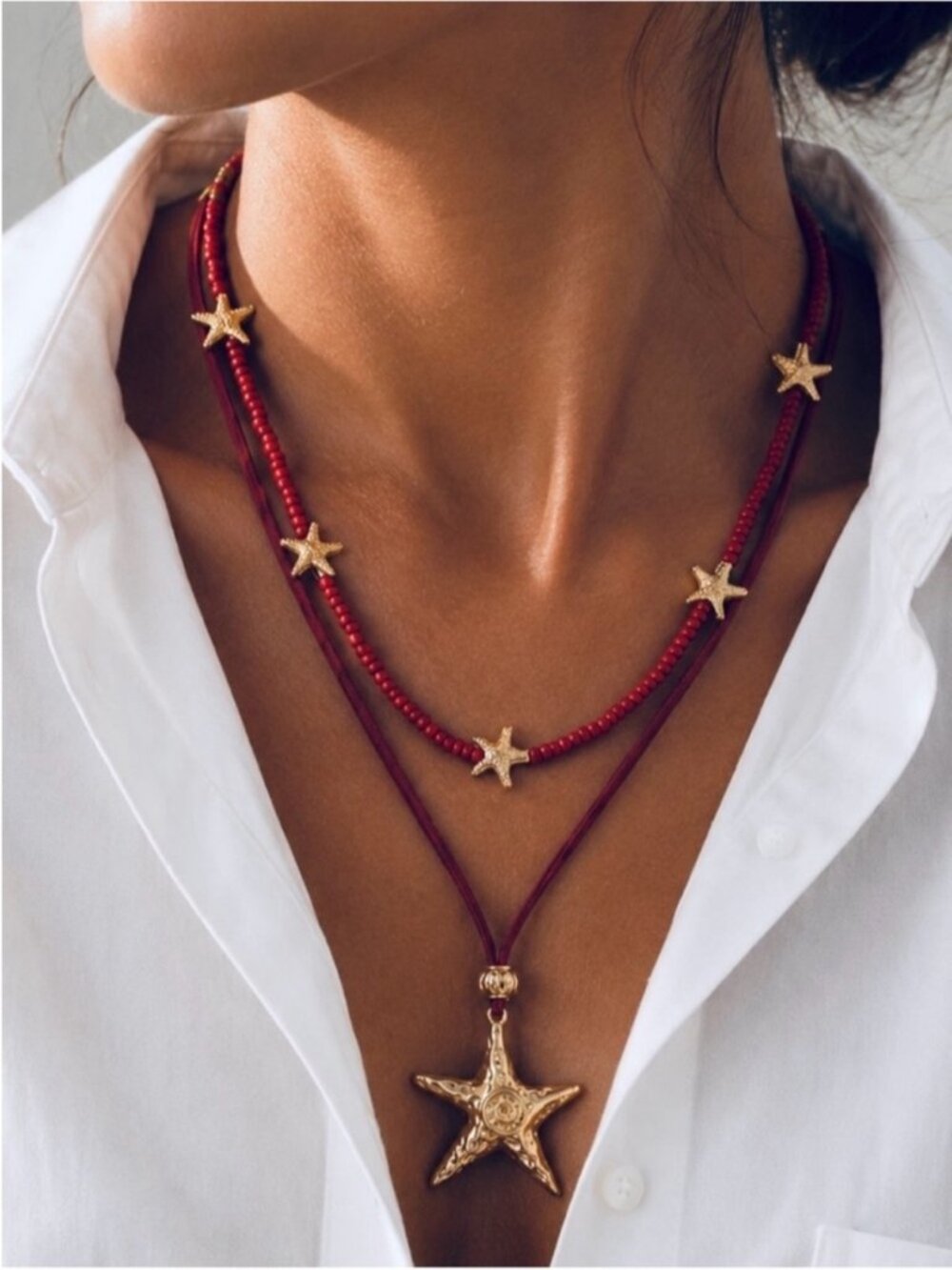 New! Coastal Red Starfish Star Stack Necklace Set NWOT 5012